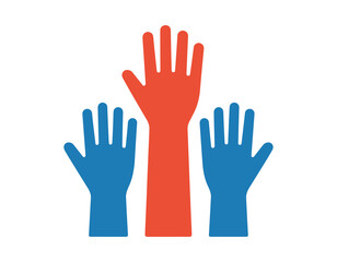 Three hands raised, one red and two blue, symbolizing volunteering, participation, or asking a question