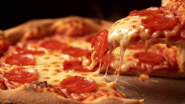 Sizzling Pepperoni Pizza Slice Being Lifted &ndash; 4K Cheese Pull with Steam
