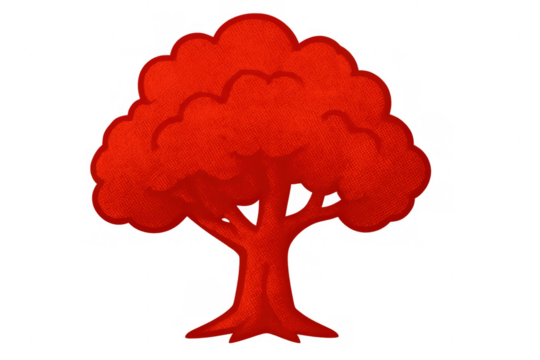 Red colored tree drawing with a textured finish, illustrating autumn season and nature, on a transparent background