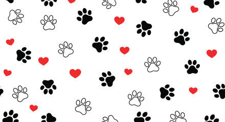 Dog Paw Prints with Hearts on a White Backdrop, Pet Love Pattern