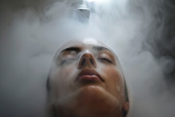 Client enjoys a serene mist treatment in a calming wellness studio during a rejuvenating spa session