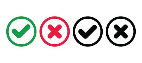 Set of green check mark and red cross, plus black check mark and cross icons