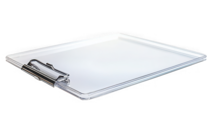 A clear clipboard with a metal clip laying on a black surface in a studio setting with soft lighting