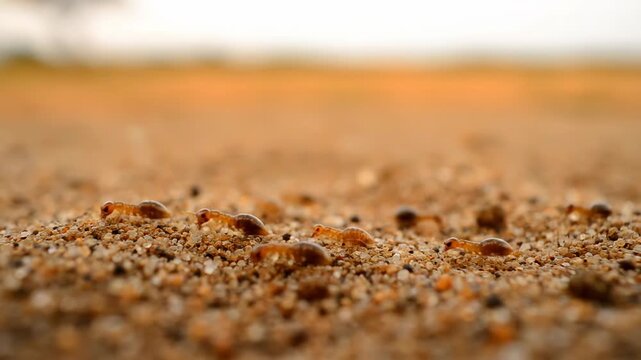 Close-up of tiny ants scurrying across a sandy, arid landscape under a bright sky.