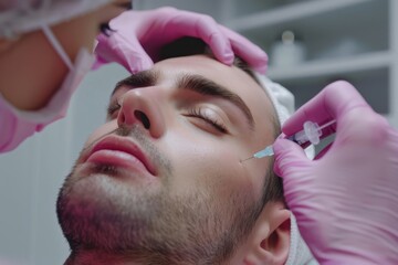 Botox treatment enhances youthful appearance for a confident man in a modern clinic