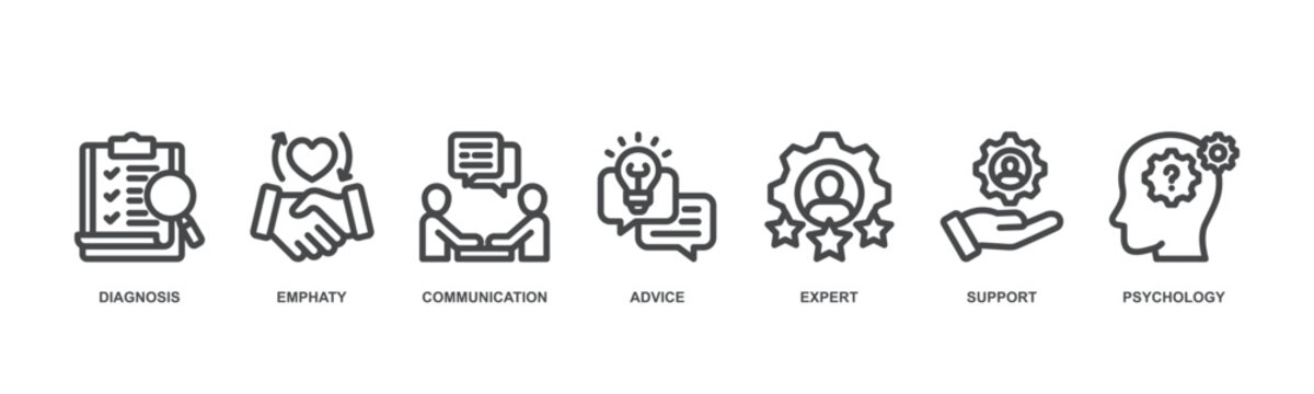 Counseling concept icon illustration contain diagnosis, communication, empathy, psychology, support, expert and advice 