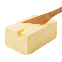 A soft pat of butter being smoothly sliced by a wooden butter knife preparing for a delicious on transparent background