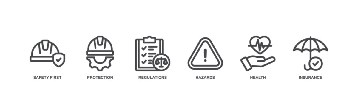 Work safety web banner icon vector illustration for occupational safety and health at work with safety first, protection, regulations, hazards, health, and insurance icon.