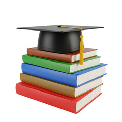 Achieving dreams A graduate cap sits atop a colorful stack of books symbolizing hard work and on transparent background