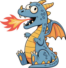 Obraz premium Cartoon dragon breathing fire, blue body, orange wings, fierce expression, fantasy theme, vector illustration, digital artwork, mythical creature design