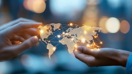 Futuristic concept with human hands holding glowing digital world map network, symbolizing global communication, technology, and innovation