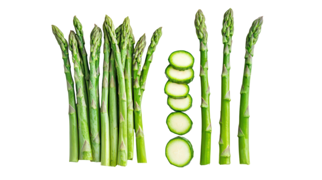 Fresh green asparagus spears and sliced cucumber isolated on transparent background