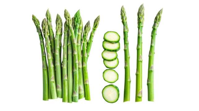 Fresh green asparagus spears and sliced zucchini isolated on transparent background