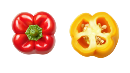Red bell pepper and sliced yellow tomato isolated on transparent background