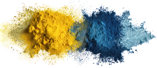 Yellow and blue powder pigments isolated on transparent background