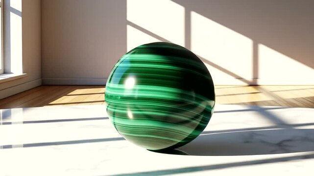 A polished green marble sphere casting shadows on a bright, sunlit room with wooden floors