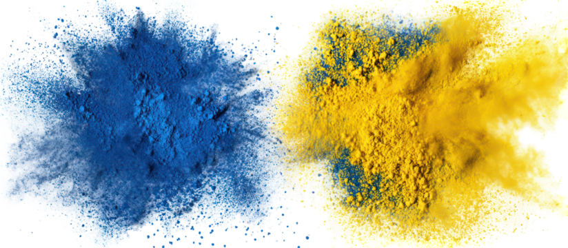 Blue and yellow powder explosion isolated on transparent background