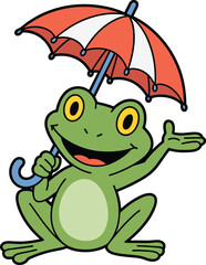 Cartoon frog holding umbrella, cheerful expression, sitting pose, red and white canopy, vector illustration, digital artwork, rainy day theme