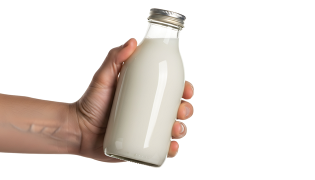 Fresh milk in glass bottle held by hand stock photo image on transparent background
