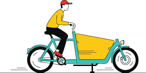 Man Riding Turquoise Cargo Bicycle with Yellow Box and Red Hat on White Background