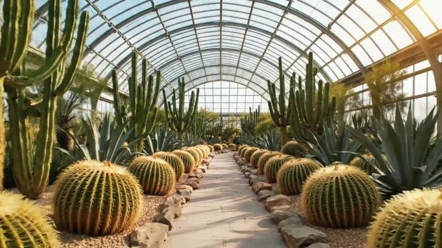 Expansive glass conservatory filled with diverse collection of arid plants, featuring rows of barrel cacti and tall saguaros under a sunny sky