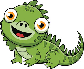 Fototapeta premium Cartoon green lizard character, smiling iguana with orange eyes and spines, vector illustration, isolated design, kids friendly reptile theme