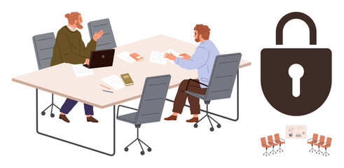 Two professionals collaborate at a desk with gadgets and papers while a large padlock symbolizes data security. Ideal for teamwork, privacy, protection, collaboration, strategy, innovation, simple