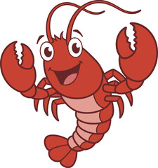 Cartoon lobster with smiling face, raised claws, red shell, kids illustration, marine animal character, playful pose, ocean-themed design