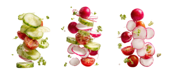 Three stacked vegetable towers isolated on transparent background