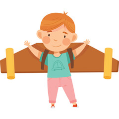 Smiling Young Boy With Red Hair Wearing A Teal T-shirt Pink Pants And A Backpack Stands With Arms Open In Front Of A Wooden Structure With Yellow Posts And A Transparent Background