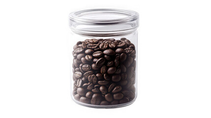 Fototapeta premium A clear glass jar filled to the top with dark roasted coffee beans on a black background isolated