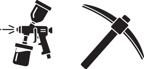 Black Vector Icons: Paint Spray Gun and Mining Pickaxe