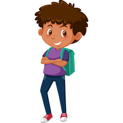 Smiling Young Boy Wearing Purple T Shirt Blue Jeans and Teal Backpack with Arms Crossed Standing on Transparent Background