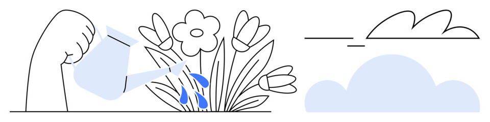 Hand pours water on blooming flowers with blue drops falling, accompanied by soft clouds. Ideal for nature, growth, gardening, nurturing, environment, freshness and simplicity concepts. A simple