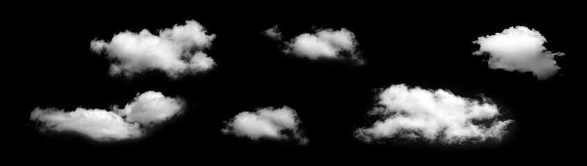 Set of fluffy white clouds isolated on black background, representing natural sky elements and soft vapor texture for photo editing, digital art, and atmospheric design.