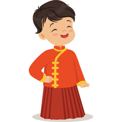 Smiling Young Boy Wearing Traditional Red And Gold Chinese Clothing With Pleated Skirt Standing Against White Background