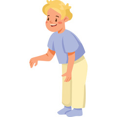 Smiling Young Boy With Blond Hair Wearing A Light Blue T Shirt And Cream Colored Pants Standing On A Transparent White Background