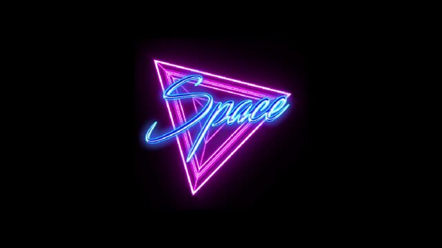 Neon space sign with blue cursive text inside a pink triangle on a black background glow effect