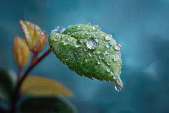 A close-up shot of a vibrant green leaf glistening with water droplets against a blurred background. The water droplets create a beautiful, reflective effect.