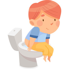 Smiling Young Boy With Red Hair Sitting On A White Toilet Wearing A Blue Shirt And Yellow Pants