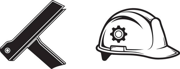 Stylized Industrial Safety Hard Hat and Folding Knife Vector Set