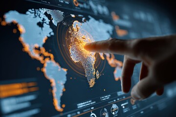 Contemporary global strategy display with world data. International relations concept geopolitical planning diplomatic strategy technology for world affairs analysis system and strategic interface.