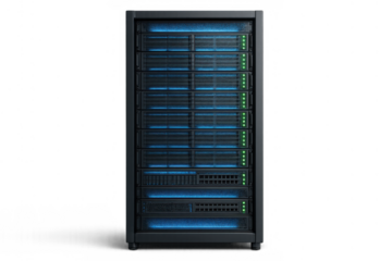 Server rack with blinking lights displaying data transfer and network activity on transparent background