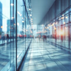 Blurred glass wall of contemporary business office building. Corporate architecture. Modern commercial workplace urban center. Abstract background for business, financial, and technology concept.