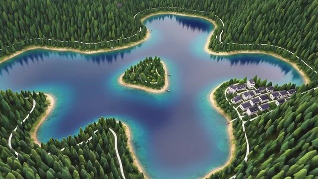 Tranquil lake surrounded by lush green forest, with a small island and a cluster of houses on the shore, offering a serene natural landscape for relaxation and retreat