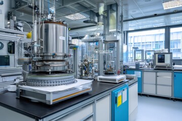 Laboratory hydrogen research facility with advanced testing equipment. Clean renewable energy development and innovation center concept for sustainable fuel technology research environment.