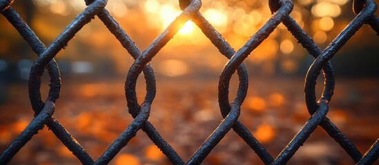 Fototapeta premium Sunset through chain link fence.