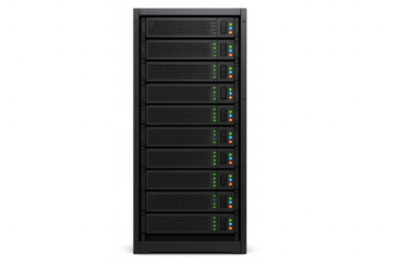 Server rack with blinking indicator lights processing data for cloud computing infrastructure on transparent background