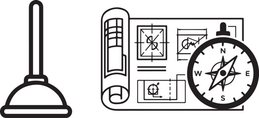 Black and White Plunger and Engineering Blueprint Compass Graphic