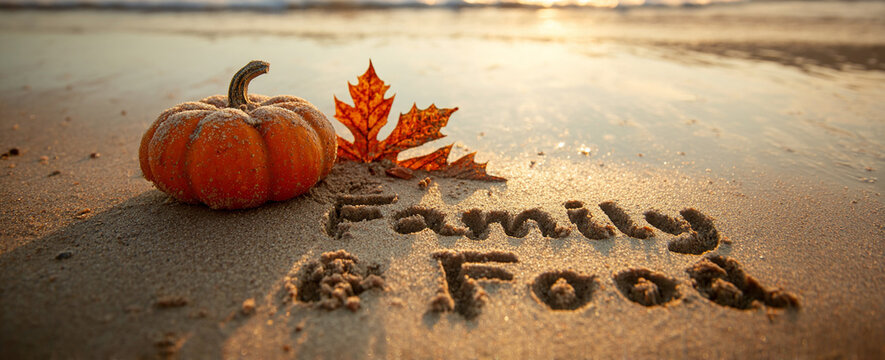 “Family & Food” Handwritten in Sand with Pumpkin and Leaf Sketches, Cozy Coastal Autumn Mood – ideal for seasonal promotions
